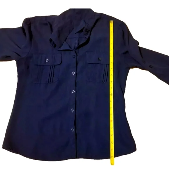 Laura Scott Navy Blue 3/4 Chiffon Sleeve Buttoned Blouse Career Office Casual PS - Picture 6 of 8